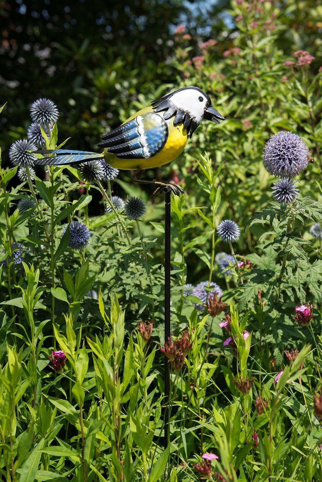 Metal stakes with blue tit ornament Garden ID