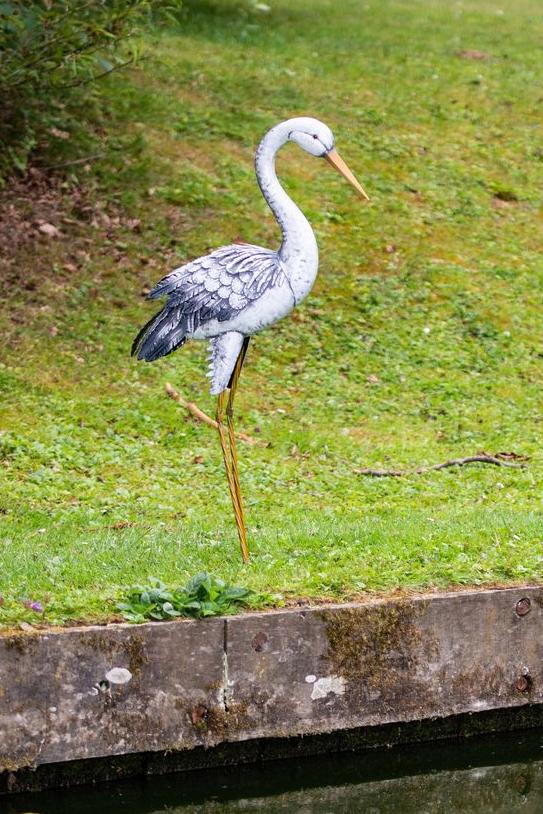 Ashy stork in metal by a pond Garden ID