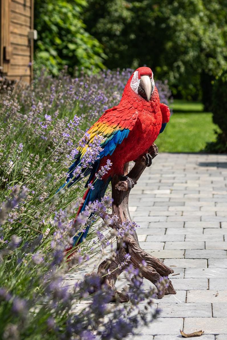 A hyper-realistic statue of a macaw, parrot, on a branch in the middle of lavender Garden ID
